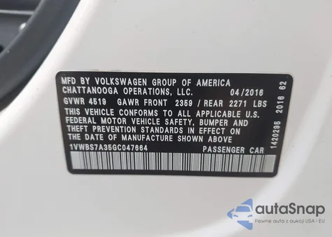2016 Volkswagen Passat 1.8T Se z USA, uszkodzony, nr VIN 1VWBS7A35GC047664